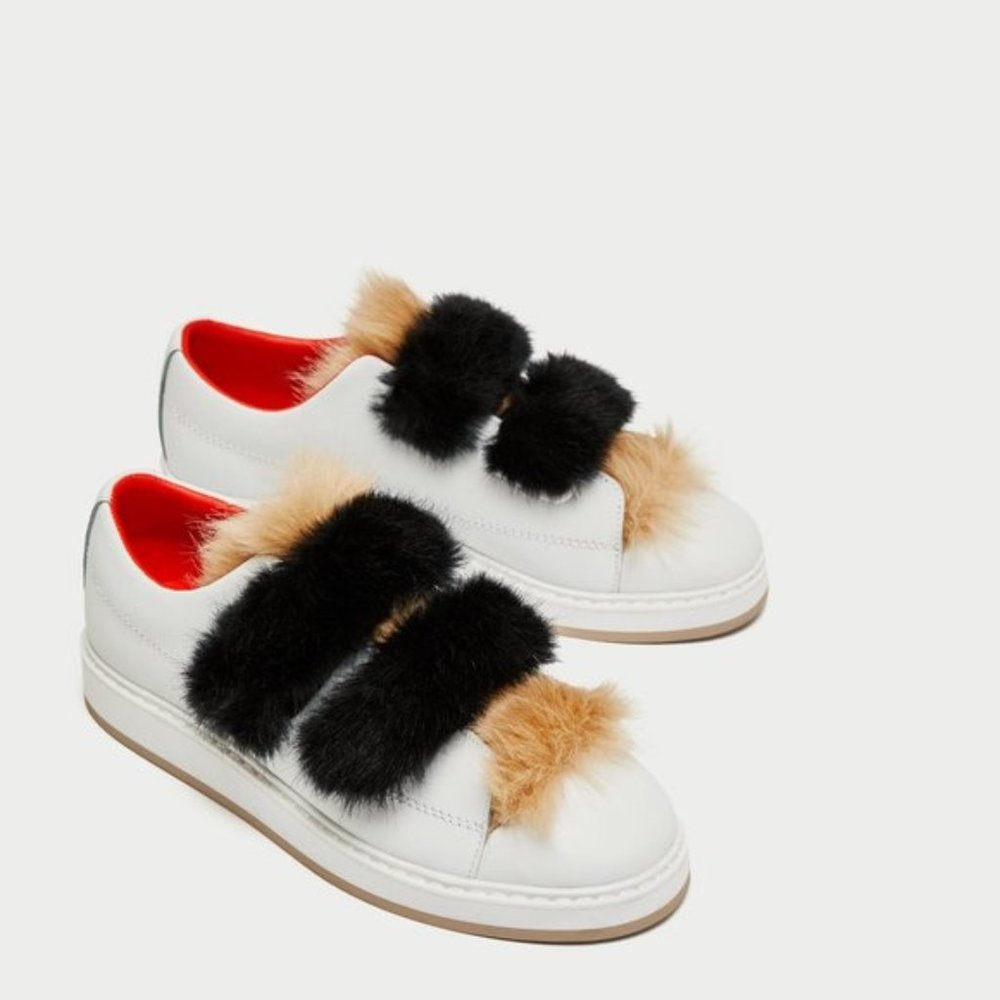 Zara Leather Sneakers with Faux Fur Straps
